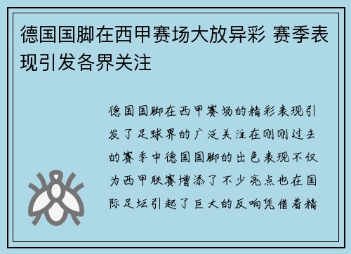 德国国脚在西甲赛场大放异彩 赛季表现引发各界关注