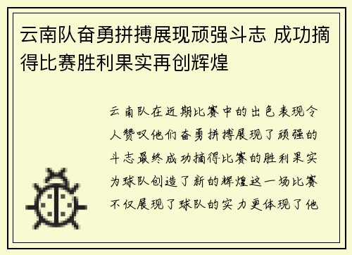 云南队奋勇拼搏展现顽强斗志 成功摘得比赛胜利果实再创辉煌