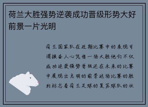 荷兰大胜强势逆袭成功晋级形势大好前景一片光明
