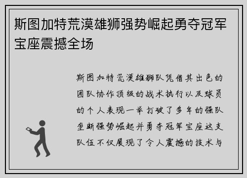 斯图加特荒漠雄狮强势崛起勇夺冠军宝座震撼全场