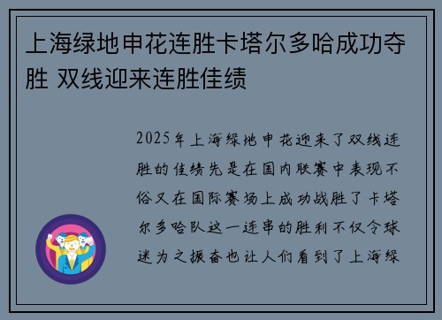 上海绿地申花连胜卡塔尔多哈成功夺胜 双线迎来连胜佳绩