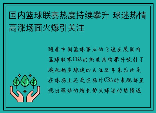 国内篮球联赛热度持续攀升 球迷热情高涨场面火爆引关注