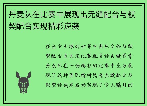 丹麦队在比赛中展现出无缝配合与默契配合实现精彩逆袭